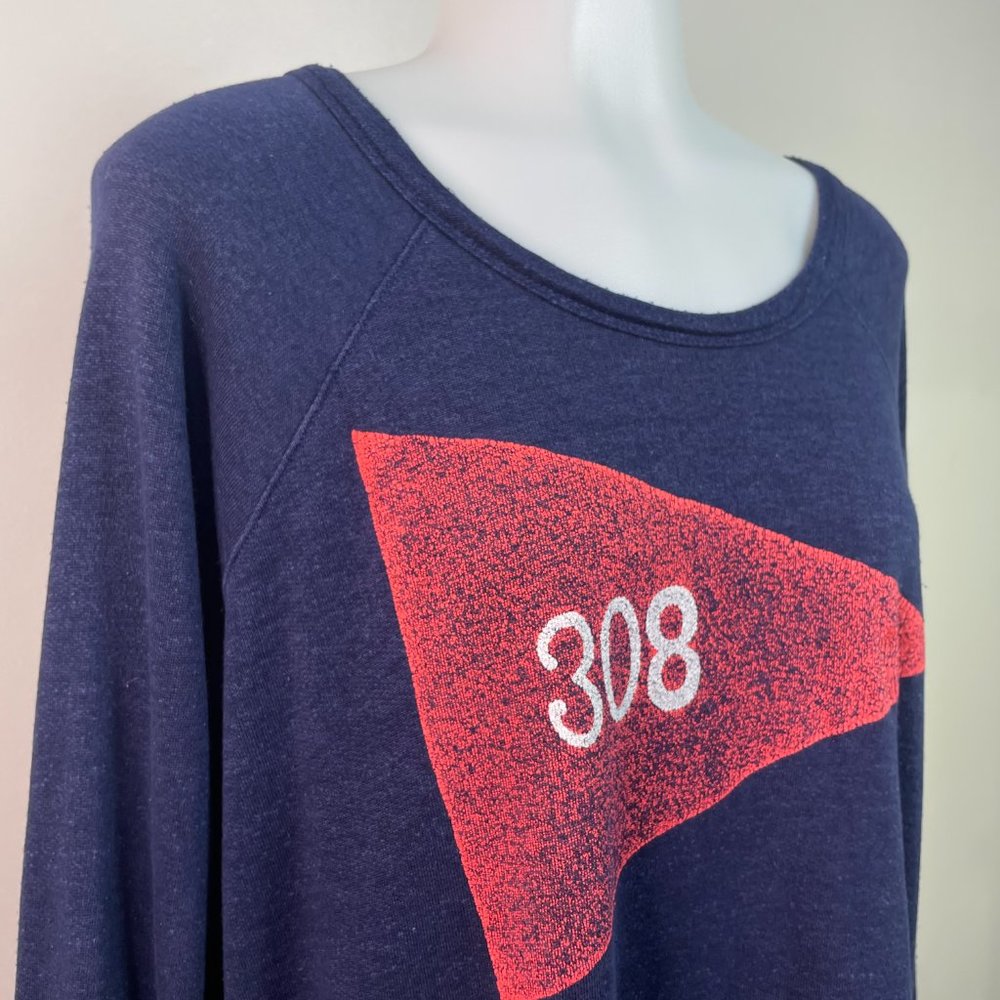 Sundry Top 2 Medium Navy Blue Red Flag Graphic Long Sleeve Shirt Cropped Women's - Picture 2 of 14